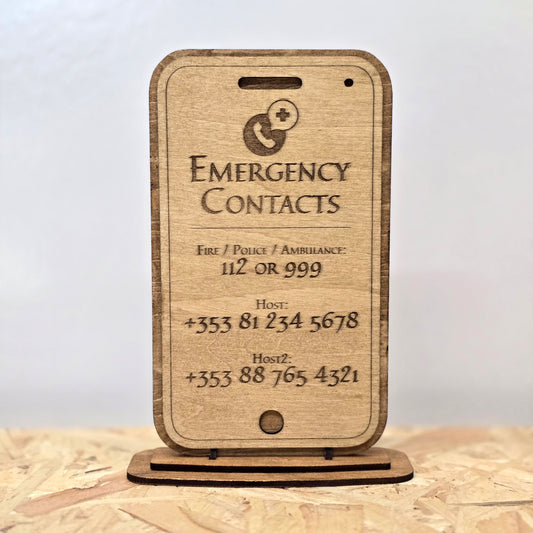 Emergency Contacts Sign – Personalised Wooden Airbnb Guest Information Plaque