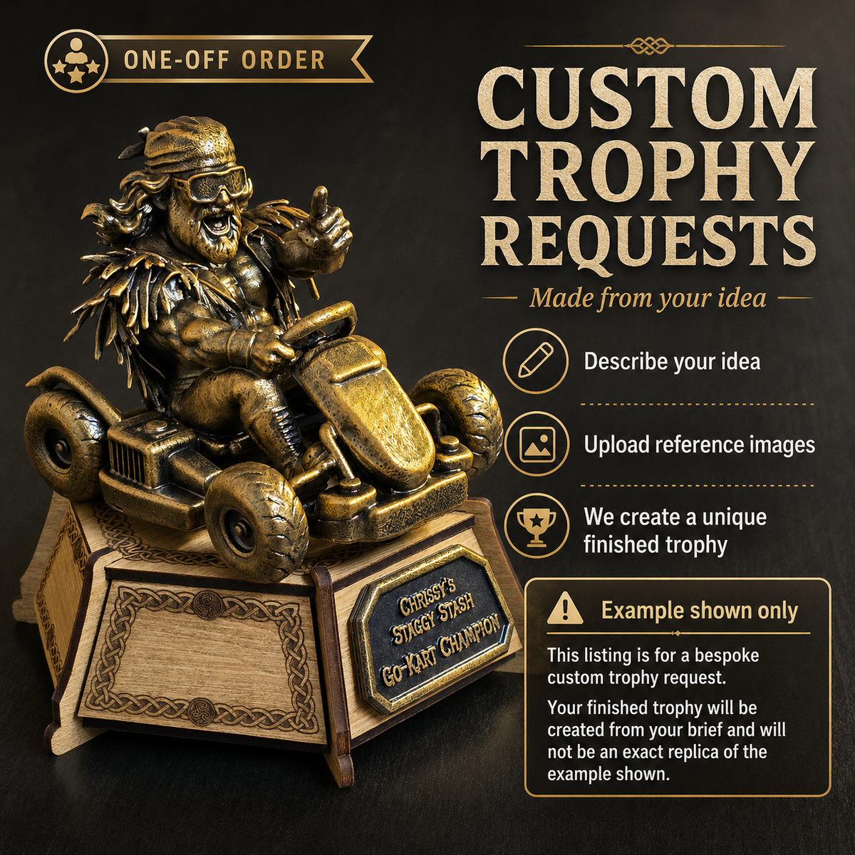 Bespoke custom trophy with personalised design, detailed figure and custom engraved award plaque
