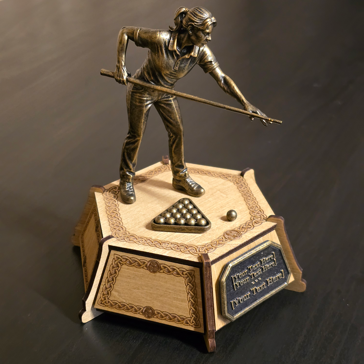 Personalised female pool trophy with bronze-effect player figure, wooden base and custom plaque