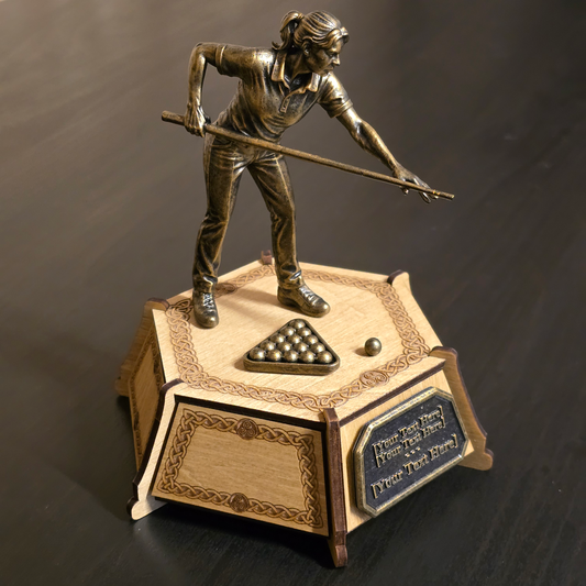 Personalised female pool trophy with bronze-effect player figure, wooden base and custom plaque