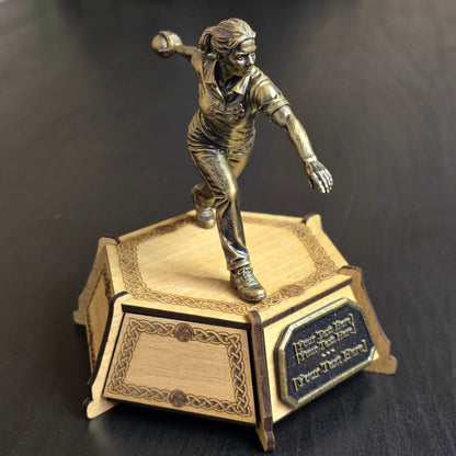 Personalised female Road Bowls trophy with bronze-effect player figure, wooden base and custom plaque
