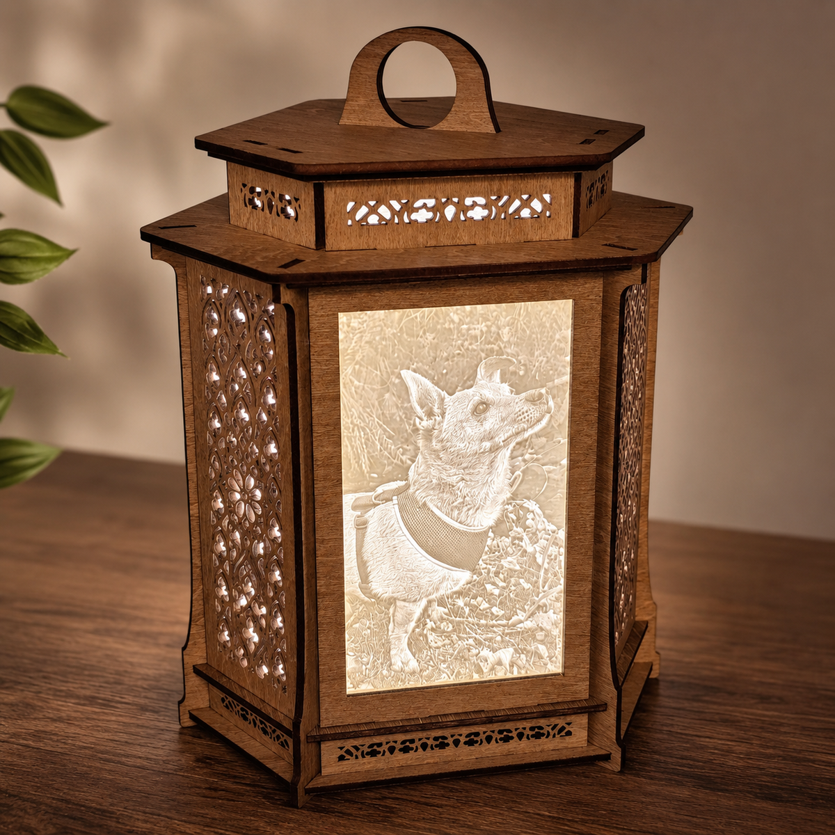 Personalised hexagonal photo lamp illuminated with custom photographs and a wooden frame