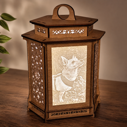 Personalised hexagonal photo lamp illuminated with custom photographs and a wooden frame