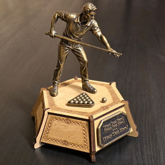 Personalised male pool trophy with bronze-effect player figure, wooden base and custom plaque