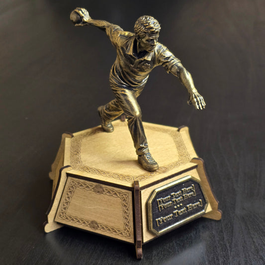 Personalised male Road Bowls trophy with bronze-effect player figure, wooden base and custom plaque